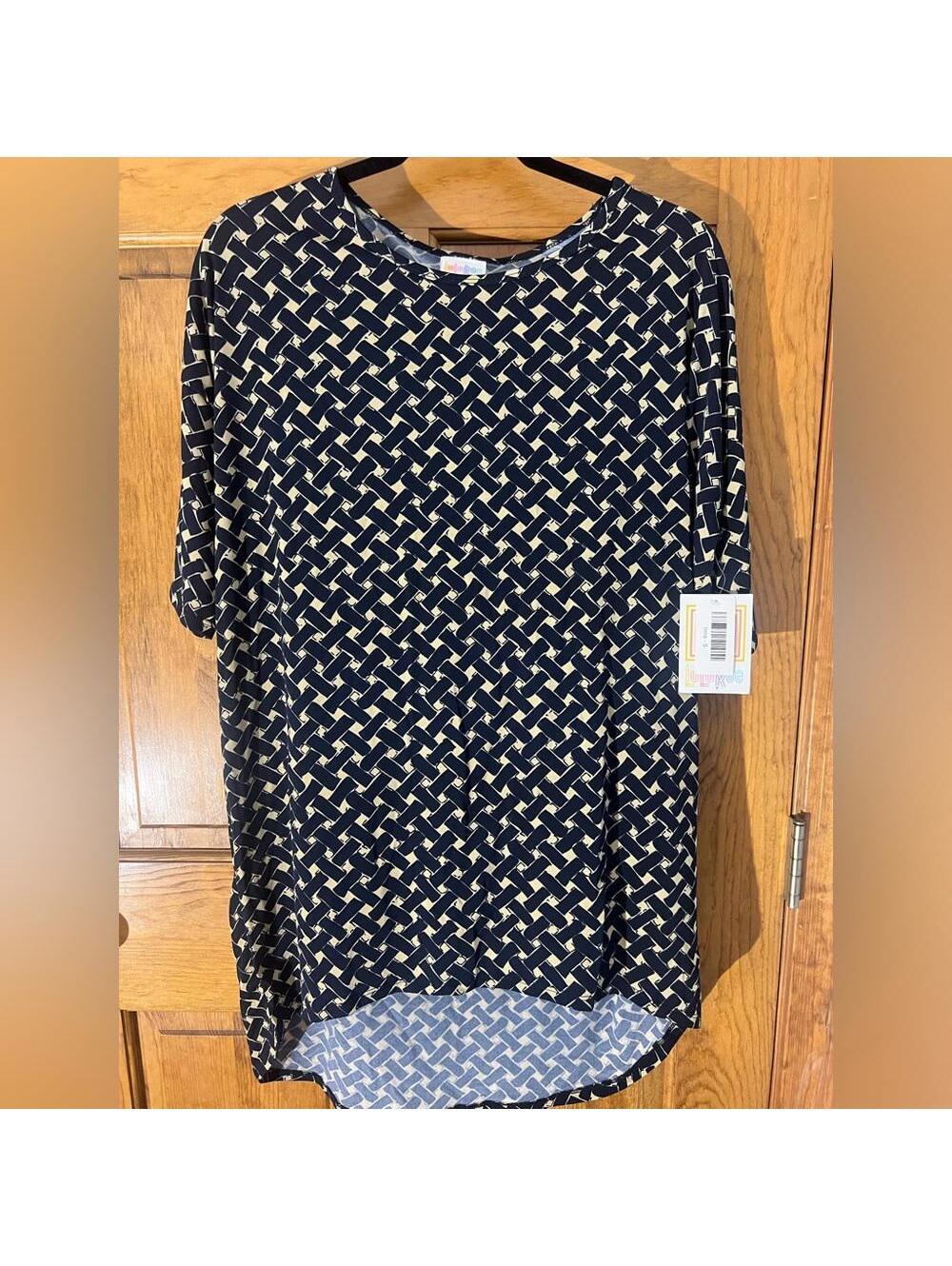 LuLaRoe Irma Tunic Top Shirt Fitted Sleeves High Low Loose Blue Tan Small NWT